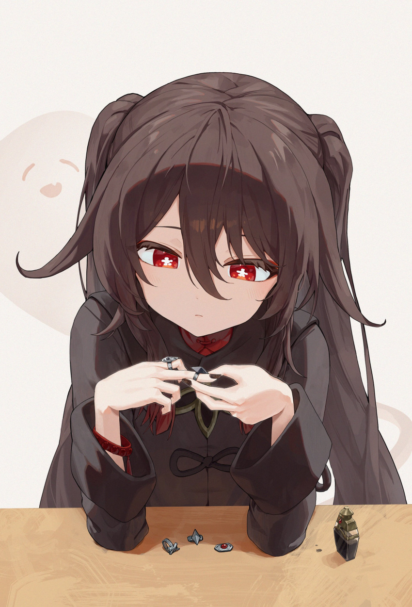 1girl absurdres bangs black_nails blush boo_tao_(genshin_impact) bracelet brown_coat brown_hair chinese_clothes closed_mouth coat commentary flower-shaped_pupils genshin_impact ghost hair_between_eyes highres hu_tao_(genshin_impact) jewelry long_hair long_sleeves looking_down multiple_rings pellas_(panix2383) red_eyes red_shirt ring shirt sidelocks solo symbol-only_commentary symbol-shaped_pupils twintails upper_body white_background