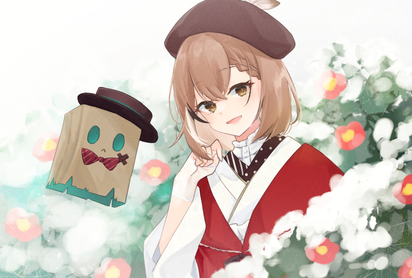 1girl ahoge bangs beret bow bowtie braid braided_bangs brown_eyes brown_hair flower friend_(nanashi_mumei) gloves hat highres hololive hololive_english japanese_clothes kimono kotake_8 lace lace_gloves looking_at_viewer multicolored_hair nanashi_mumei official_alternate_costume red_flower red_shawl ribbon shawl short_hair smile snow streaked_hair top_hat virtual_youtuber white_kimono wide_sleeves