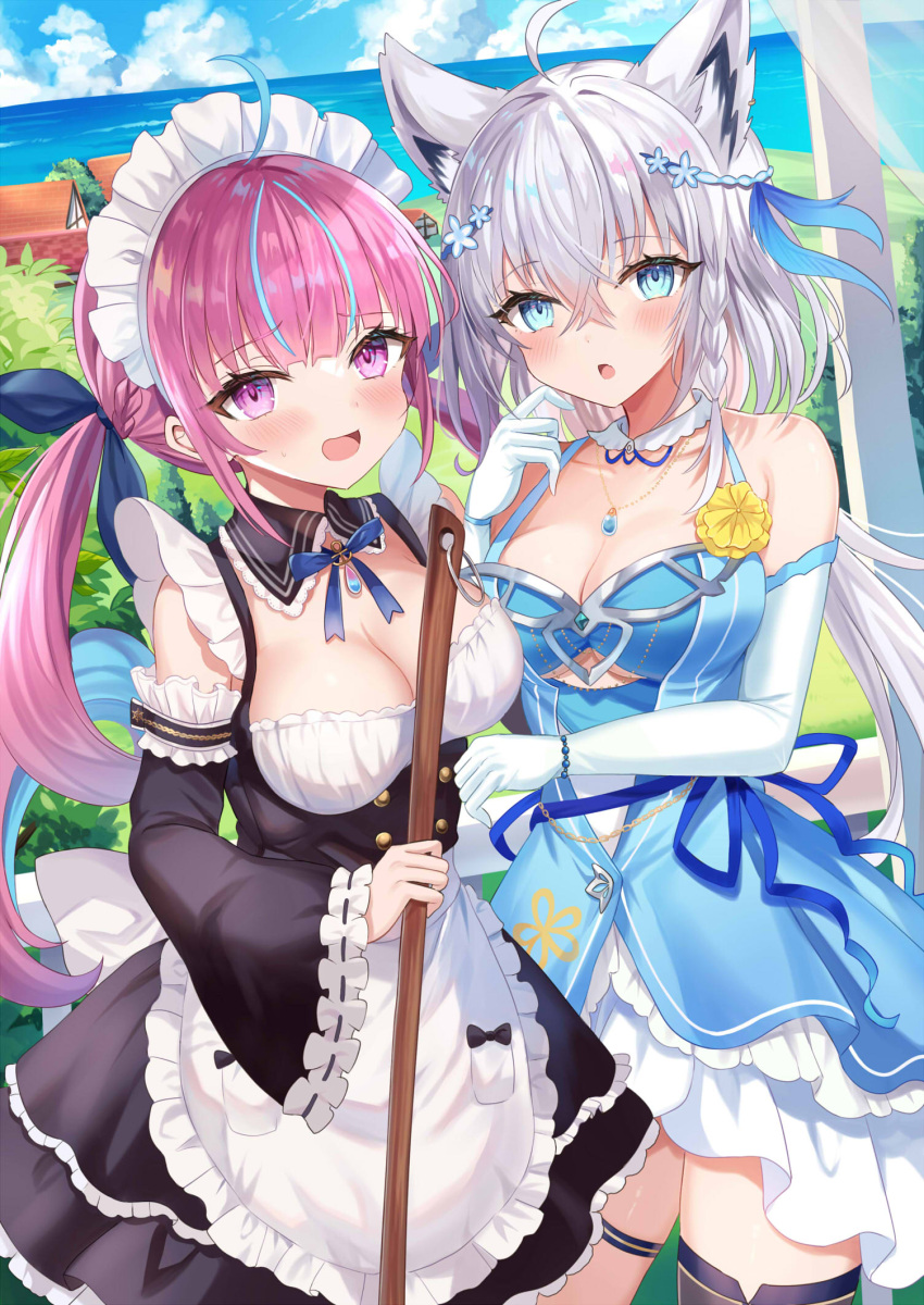 2girls ahoge animal_ear_fluff animal_ears apron aqua_eyes aquarium_(visual_novel) bangs bare_shoulders black_collar black_dress blue_dress blue_hair blue_ribbon blunt_bangs blush braid breasts cleavage collar colored_inner_hair crossed_bangs detached_collar detached_sleeves dress elbow_gloves fox_ears fox_girl frilled_apron frilled_sleeves frills gloves grey_hair hair_between_eyes hair_ornament hair_ribbon highres hololive jewelry large_breasts long_hair long_sleeves looking_at_viewer maid_apron maid_headdress minato_aqua multicolored_hair multiple_girls necklace open_mouth outdoors pink_eyes pink_hair retsuto ribbon shirakami_fubuki sidelocks single_thighhigh streaked_hair sweatdrop thigh_strap thighhighs twintails two-tone_hair virtual_youtuber white_gloves