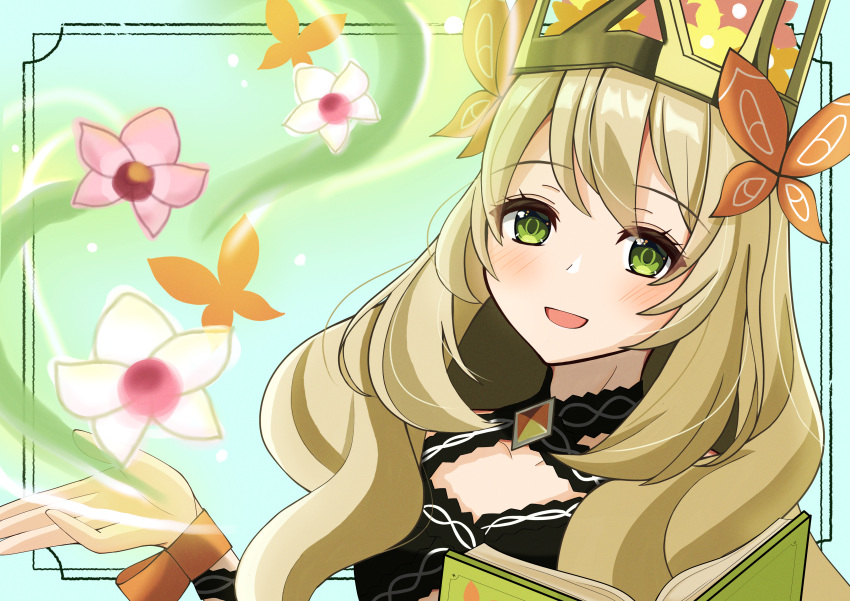 1girl :d absurdres blonde_hair book celine_(fire_emblem) chaton_(chatoncerisier) commentary_request crown fire_emblem fire_emblem_engage green_eyes highres long_hair looking_at_viewer open_mouth smile solo upper_body