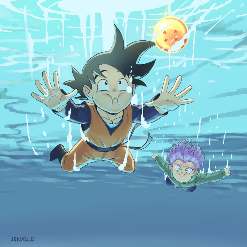 2boys album_cover_redraw black_eyes black_hair commentary derivative_work dougi dragon_ball dragon_ball_(object) dragon_ball_z english_commentary green_jacket highres holding_breath jacket jenxd_d male_focus multiple_boys nevermind nirvana_(band) purple_hair signature son_goten swimming trunks_(dragon_ball) underwater