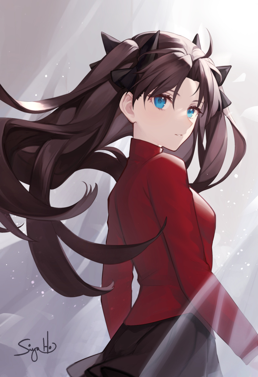 black_skirt blue_eyes brown_hair fate_(series) highres long_hair long_sleeves pleated_skirt siya_ho skirt tohsaka_rin two_side_up