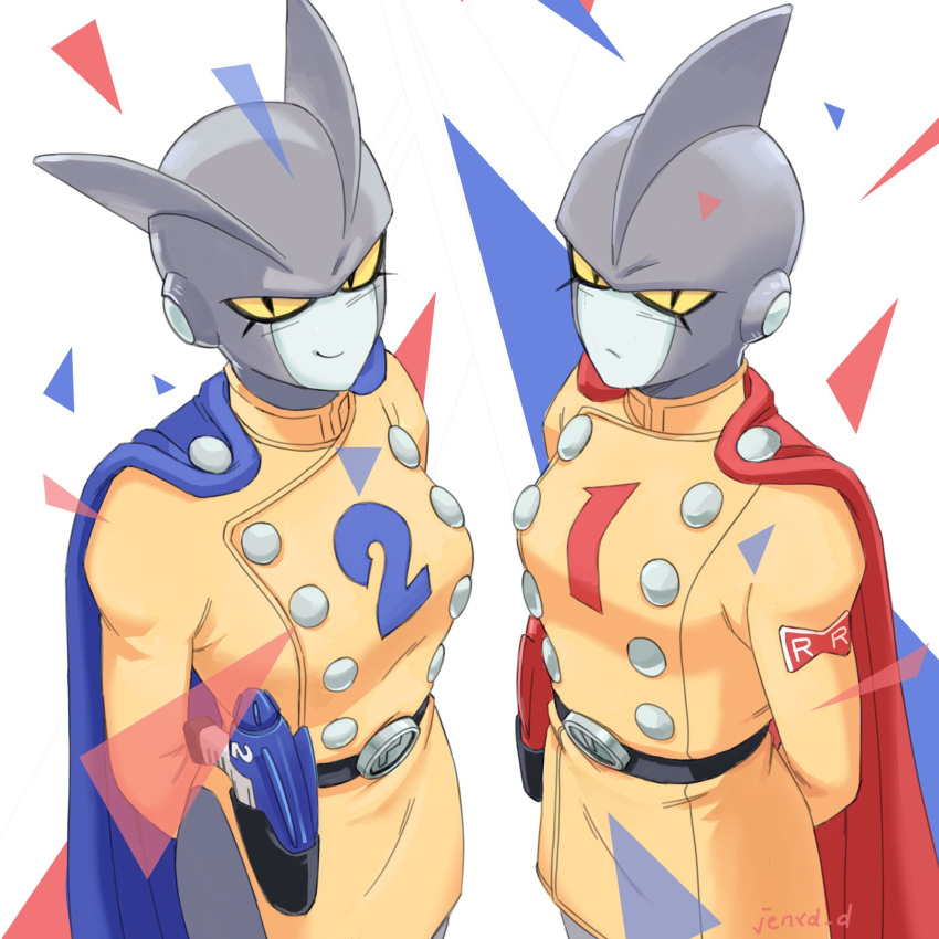 2girls arms_behind_back blue_cape breasts cape commentary dragon_ball dragon_ball_super dragon_ball_super_super_hero frown gamma_1 gamma_2 genderswap genderswap_(mtf) gun highres holster jenxd_d medium_breasts miniskirt multiple_girls red_cape side_slit skirt smile symbol-only_commentary triangle weapon yellow_skirt