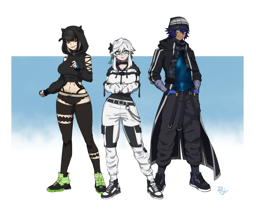 1boy 2girls aqua_eyes bangs beanie black_footwear black_hair black_headwear black_jacket black_pants black_shorts black_thighhighs blue_gloves blue_hair breasts commission crop_top difman fingerless_gloves gloves green-framed_eyewear green_footwear grin hair_between_eyes hands_in_pockets hat highres hood hood_down hoodie jacket long_sleeves medium_breasts midriff multiple_girls open_clothes open_jacket original pants parted_lips puffy_long_sleeves puffy_sleeves purple_eyes red_eyes semi-rimless_eyewear sharp_teeth shoes short_shorts shorts signature smile standing teeth thighhighs under-rim_eyewear white_hair white_hoodie white_pants