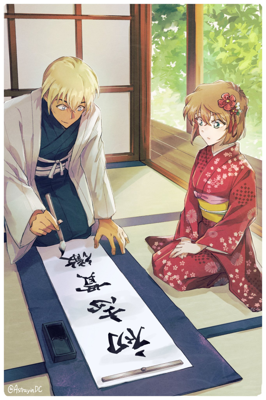 1boy 1girl amuro_tooru astrayin bangs black_kimono blonde_hair brown_hair closed_mouth commentary_request day grey_jacket highres holding holding_brush indoors jacket japanese_clothes kimono kneeling meitantei_conan miyano_shiho obi open_clothes open_jacket own_hands_together plant print_kimono red_kimono sash seiza short_hair sitting smile sunlight translation_request wide_sleeves writing