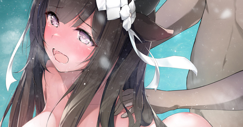1boy animal_ears azur_lane bandaid bandaid_on_head blue_background blush breasts breath brown_hair collarbone completely_nude cow_ears cow_girl cow_horns crossed_bandaids dark-skinned_male dark_skin dermar doggystyle hair_ornament hair_ribbon hands_on_another's_shoulders heavy_breathing hetero horns interracial kashino_(azur_lane) large_breasts long_hair nose_blush nude open_mouth purple_eyes ribbon sex sex_from_behind simple_background solo_focus steam steaming_body sweat upper_body white_ribbon