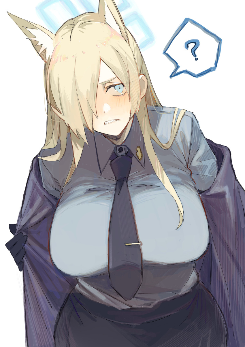 1girl ? aaoshigatoutoi absurdres animal_ears armband black_gloves blonde_hair blue_archive blue_eyes blue_necktie blue_shirt collared_shirt gloves hair_over_one_eye halo highres kanna_(blue_archive) long_hair necktie pencil_skirt police police_uniform removing_jacket sharp_teeth shirt skirt teeth tie_clip uniform upper_body white_background