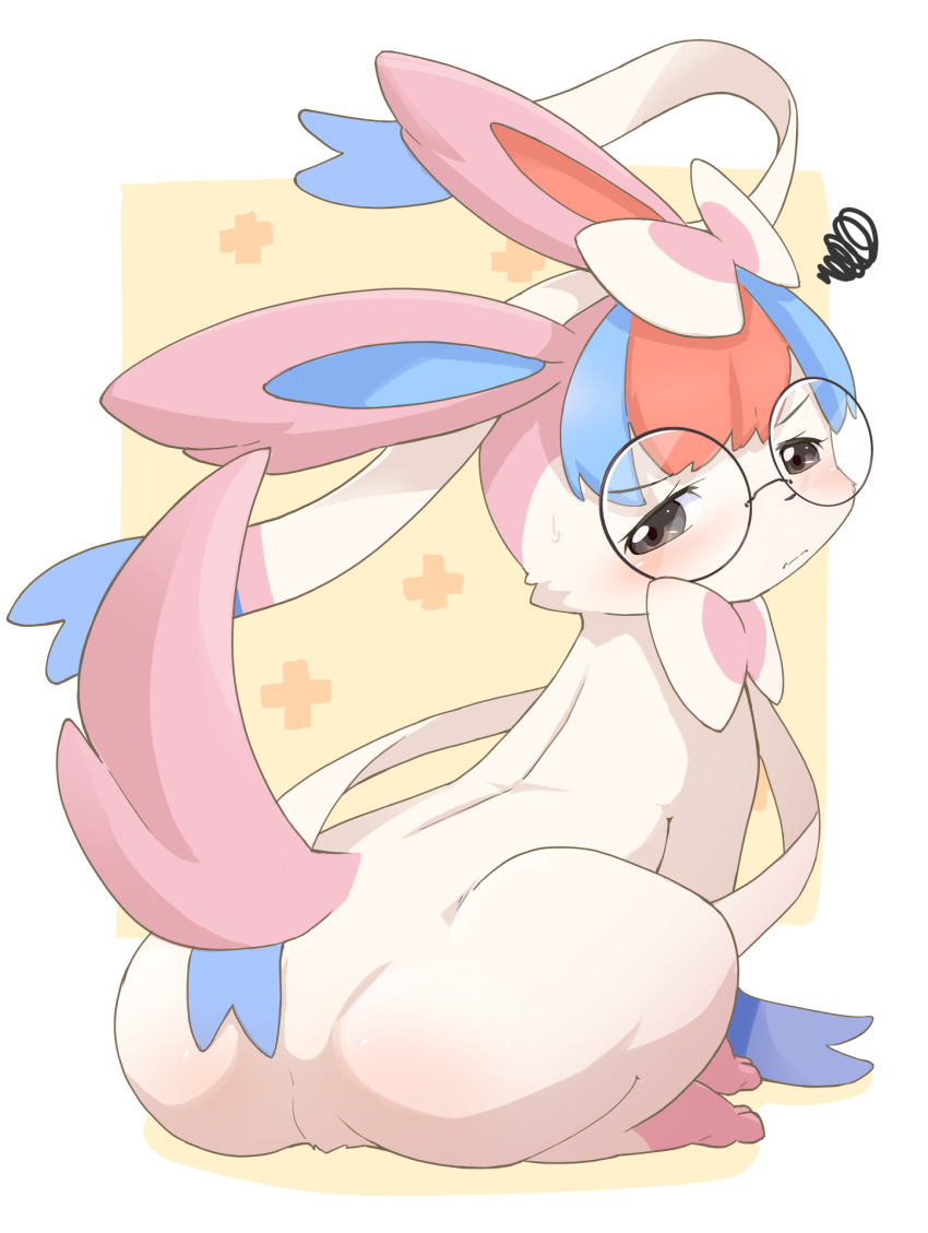 abstract_background annoyed blue_hair blush butt eeveelution eyewear female feral fur generation_6_pokemon glasses grey_eyes hair hi_res highlights_(coloring) human_to_feral kemono looking_back mammal nintendo penny_(pokemon) pink_body pink_fur pokemon pokemon_(species) red_hair ribbons_(anatomy) sitting solo species_transformation sylveon transformation ukan_muri white_body white_fur