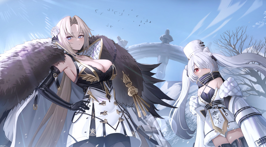 2girls absurdres azur_lane bangs bare_shoulders black_gloves black_thighhighs blue_eyes blush breasts brown_hair closed_mouth coat coat_on_shoulders elbow_gloves from_below gloves grey_hair hair_over_one_eye hand_on_hip highres jeze kiev_(azur_lane) kronshtadt_(azur_lane) large_breasts long_hair long_sleeves looking_at_viewer multiple_girls off_shoulder one_eye_covered outdoors parted_bangs red_eyes thighhighs twintails white_coat white_headwear