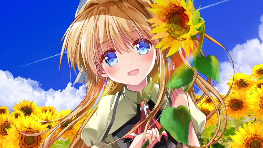 1girl :d air_(visual_novel) asahina_yori ascot bangs blonde_hair blue_eyes blue_sky cloud commentary_request contrail field flower flower_field holding holding_flower kamio_misuzu long_hair looking_at_viewer open_mouth outdoors red_ascot sky smile solo sunflower upper_body