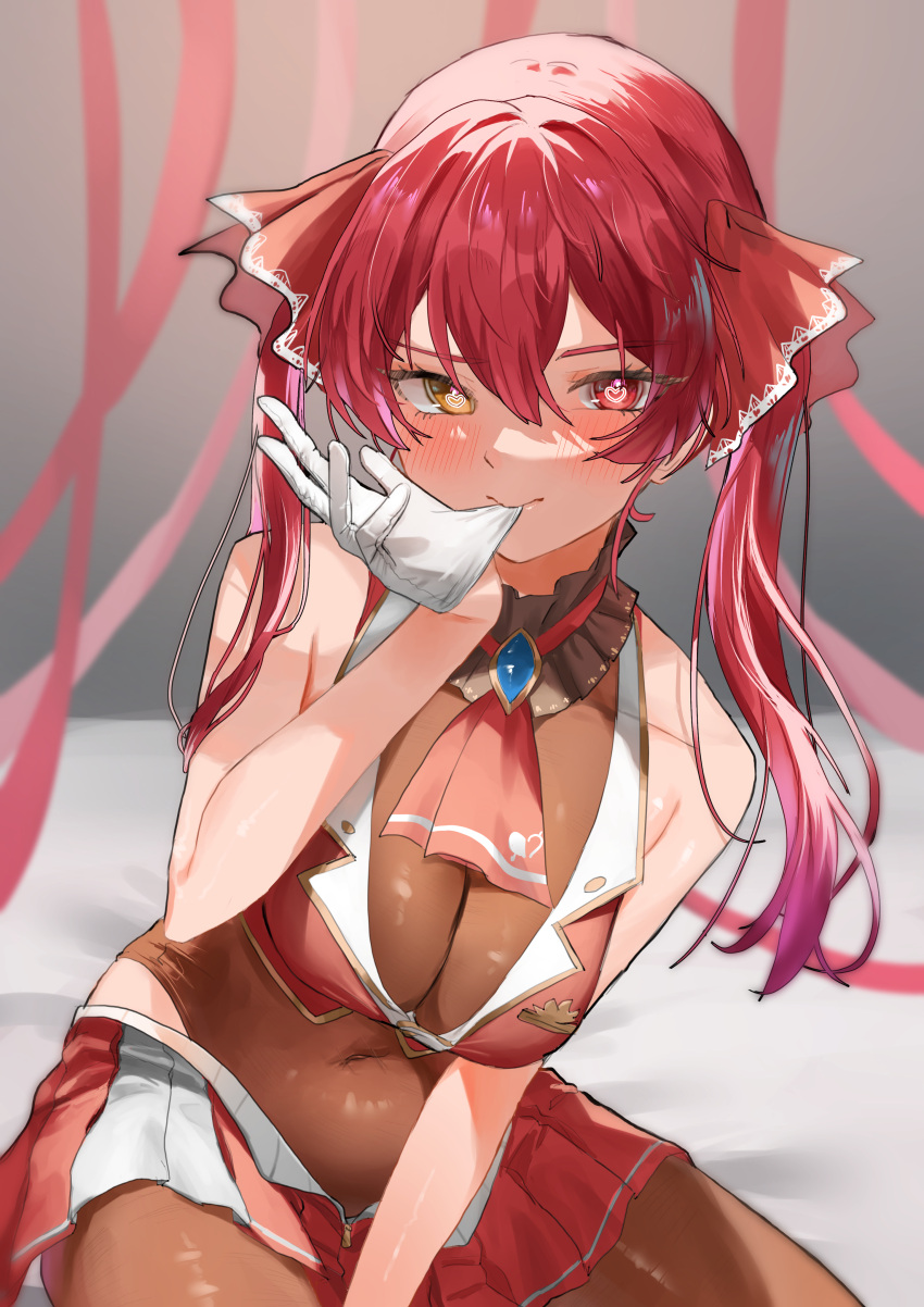 1girl absurdres arrow_through_heart ascot bangs bare_shoulders biting blush bodysuit breasts cleavage closed_mouth covered_navel cropped_jacket glove_biting gloves hair_between_eyes hair_ribbon heart heart-shaped_pupils heterochromia highres hololive houshou_marine jacket large_breasts long_hair looking_at_viewer miniskirt pleated_skirt red_ascot red_eyes red_hair red_jacket red_ribbon red_skirt ribbon sitting skirt sleeveless sleeveless_jacket solo symbol-shaped_pupils takeno_omoti twintails virtual_youtuber white_gloves yellow_eyes