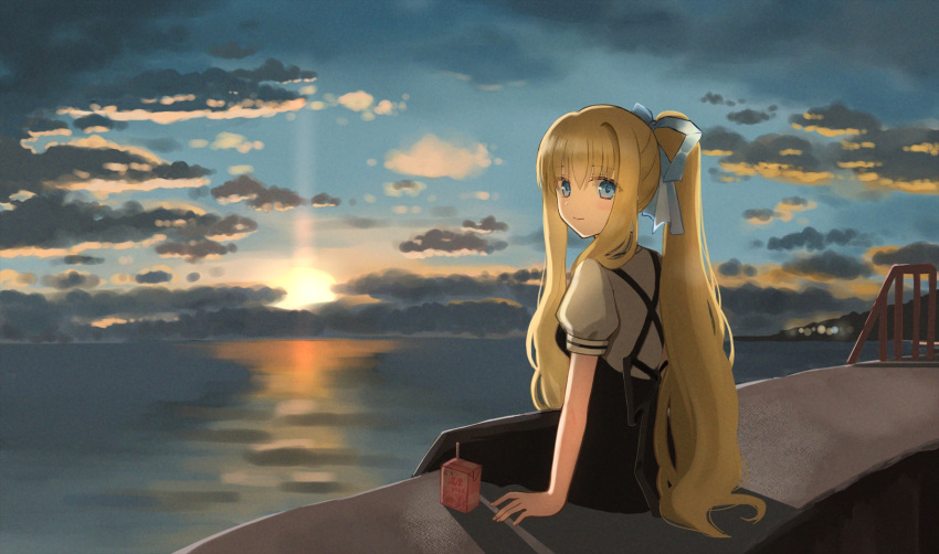 1girl air_(visual_novel) bangs blonde_hair blue_eyes blue_sky closed_mouth cloud cup dress highres horizon kageniwa kamio_misuzu long_hair looking_at_viewer ocean outdoors pinafore_dress ponytail puffy_short_sleeves puffy_sleeves shirt short_sleeves sidelocks sitting sky smile solo sun white_shirt