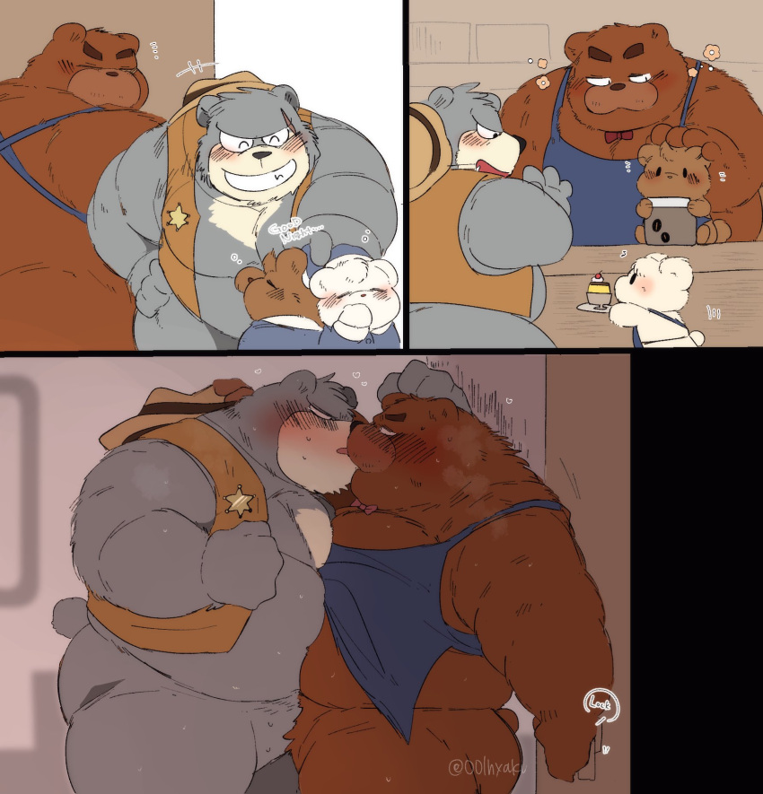 2023 anthro apron bear belly big_belly blush bow_tie brew_(kumalino) brown_body brown_fur clothing comic drip_(kumalino) eyes_closed fur grey_body grey_fur group hat hay headgear headwear hi_res hyaku_(artist) kemono kissing kumalino male male/male mammal musclegut overweight overweight_male roast_(kumalino) sanrio scar syrup_(kumalino) white_body