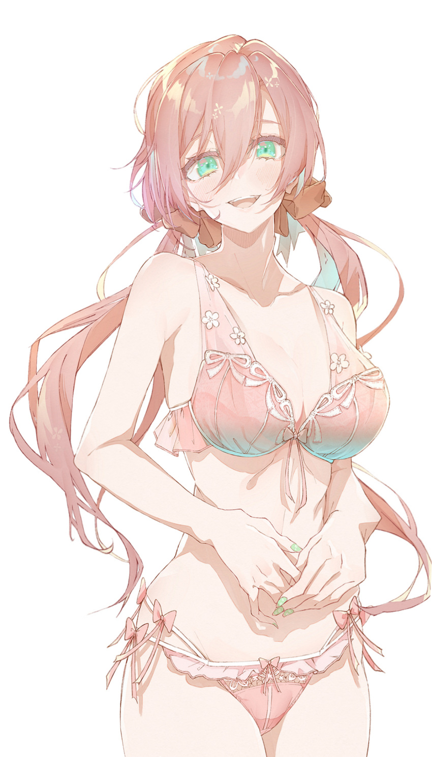 1girl bangs bare_arms bare_shoulders bikini bow bow_bikini breasts carcano_m1891_(girls'_frontline) cleavage collarbone cowboy_shot e_sky_rugo eyebrows_hidden_by_hair fingernails flower_bikini girls'_frontline green_eyes green_nails hair_between_eyes hair_bow highres light_blush long_hair looking_at_viewer low_twintails medium_breasts midriff multi-strapped_bikini nail_polish open_mouth own_hands_together pink_bikini pink_hair pink_ribbon red_bow revision ribbon simple_background smile solo swimsuit teeth twintails very_long_hair white_background