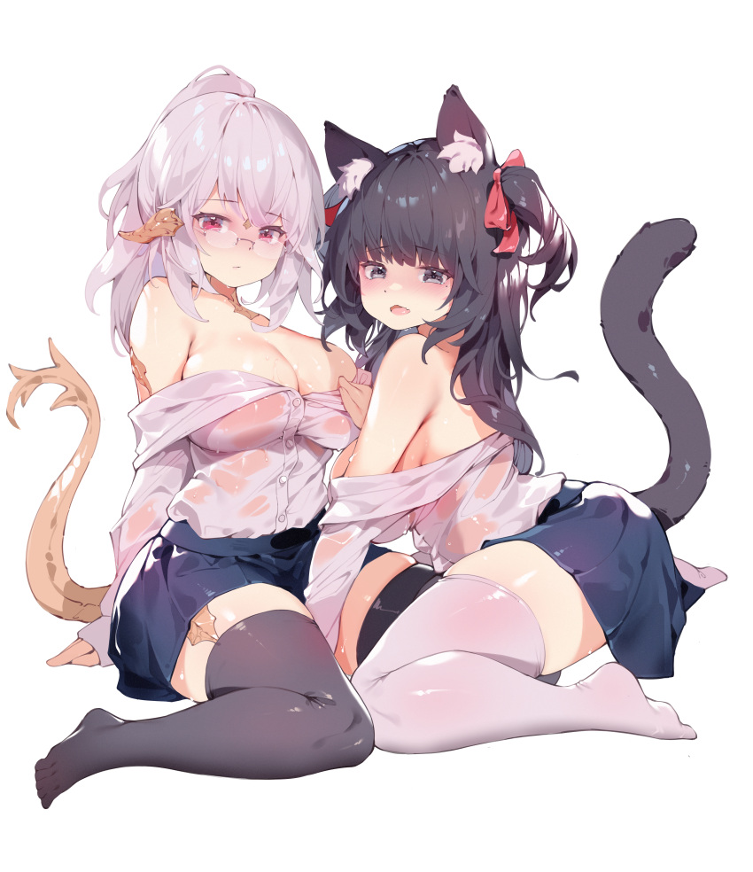 2girls absurdres animal_ear_fluff animal_ears asymmetrical_legwear avatar_(ff14) bangs between_legs black_hair blue_skirt blush breasts cat_ears cat_girl cat_tail closed_mouth clothes_pull crossed_bangs dragon_girl dragon_horns dragon_tail facial_mark fang feet final_fantasy final_fantasy_xiv full_body glasses grey_eyes grey_thighhighs hair_over_shoulder hair_ribbon hand_between_legs hand_up high_ponytail highres horns kneeling large_breasts long_hair long_sleeves looking_at_viewer medium_hair miniskirt miqo'te mole mole_under_eye multiple_girls no_shoes off_shoulder open_mouth original pleated_skirt red_eyes red_ribbon ribbon shirt shirt_pull sidelocks simple_background sitting skin_fang skirt soles tail tail_raised thighhighs thighs toes tongue two_side_up wariza wet wet_clothes wet_shirt whisker_markings white_background white_hair white_shirt white_thighhighs yuri zettai_ryouiki zhazhapao