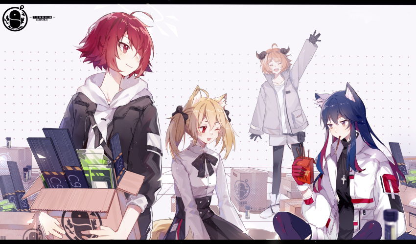 4girls ;d ahoge alternate_costume animal_ear_fluff animal_ears arknights arm_up black_bow black_bowtie black_eyes black_gloves black_jacket black_pantyhose black_skirt blonde_hair blue_hair boots bow bowtie box cardboard_box chinese_commentary closed_eyes closed_mouth colored_inner_hair commentary_request cow_horns croissant_(arknights) cross cross_necklace exusiai_(arknights) food gloves grey_jacket hair_between_eyes hair_over_one_eye halo highres holding holding_box hood hoodie horns jacket jewelry letterboxed long_hair long_sleeves medium_hair mouth_hold multicolored_hair multiple_girls necklace one_eye_closed one_eye_covered open_clothes open_jacket open_mouth orange_hair pantyhose penguin_logistics_logo pocky red_eyes red_hair shirt short_hair shorts skirt sleeve_cuffs smile sora_(arknights) tail texas_(arknights) texas_(winter_messenger)_(arknights) twintails waving white_footwear white_hoodie white_shirt white_shorts wolf_ears wolf_tail xuanli