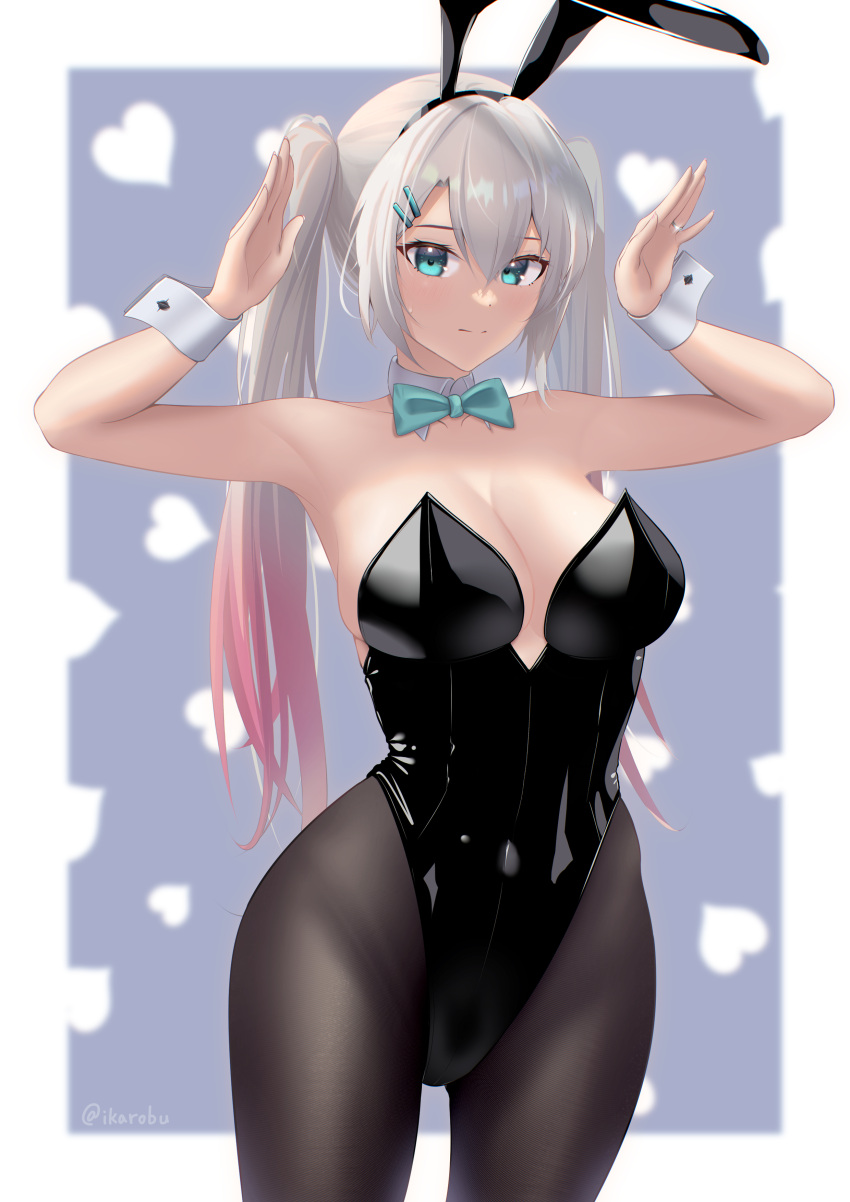 1girl absurdres animal_ears black_leotard black_pantyhose blue_bow blue_bowtie blue_eyes bow bowtie breasts bunny_pose cowboy_shot detached_collar girls'_frontline gradient_hair grey_hair hair_between_eyes heart heart_background highres ikarobu large_breasts leotard long_hair looking_at_viewer lwmmg_(girls'_frontline) multicolored_hair pantyhose playboy_bunny purple_background rabbit_ears solo standing twintails wrist_cuffs