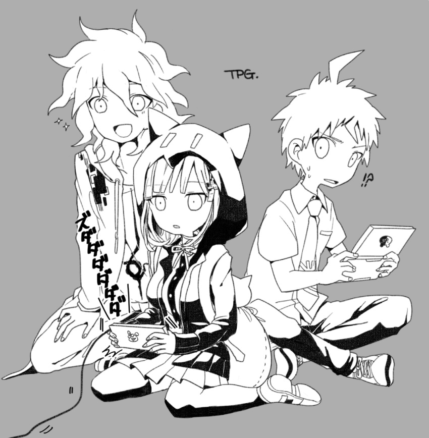 !? 1girl 2boys :d a_10sun ahoge animal_bag animal_ears backpack bag bangs cat_bag cat_ears collarbone collared_shirt danganronpa_(series) danganronpa_2:_goodbye_despair dress_shirt fake_animal_ears galaga grey_background greyscale handheld_game_console hinata_hajime holding holding_handheld_game_console hood hood_up jacket komaeda_nagito monochrome monokuma multiple_boys nanami_chiaki necktie open_clothes open_jacket open_mouth pants playing_games print_shirt shirt shoes short_hair simple_background smile sweat thighhighs two-tone_shirt