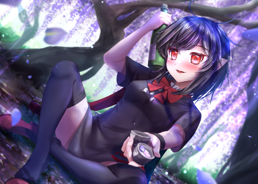 1girl bangs black_dress black_hair blue_wings blush bottle bow bowtie breasts buttons center_frills choko_(cup) commentary_request cup day dress dutch_angle flower frilled_dress frills full_body ground holding holding_bottle holding_cup houjuu_nue incoming_drink looking_at_viewer open_mouth outdoors pointy_ears red_bow red_bowtie red_eyes red_footwear red_wings shoes shoes_removed short_dress short_hair short_sleeves small_breasts smile solo thighhighs tomoe_(symbol) touhou tree under_tree wings wisteria wristband yakkyokuya