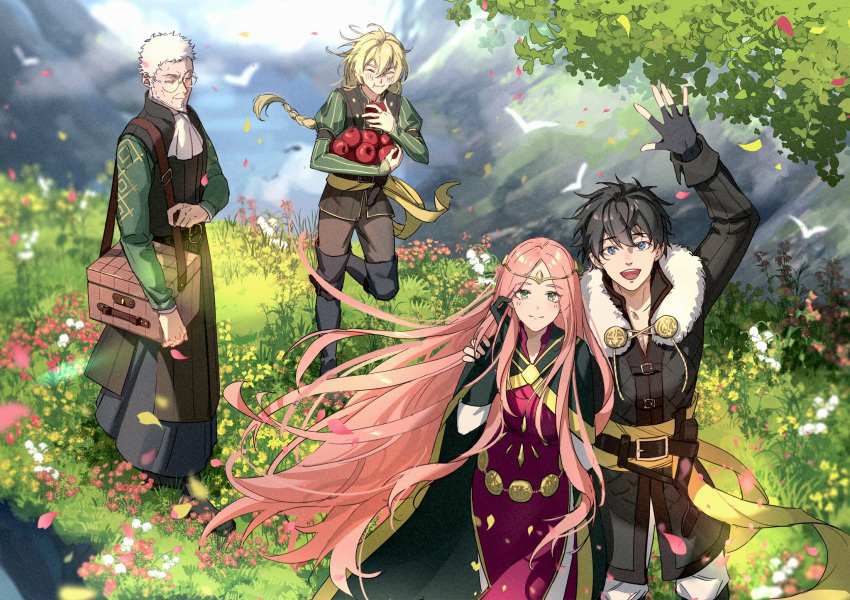 1girl 3boys apple bag belt benedict_pascal black_hair blonde_hair blue_eyes cape closed_eyes diadem dress eating fingerless_gloves flower food frederica_aesfrost fruit glasses gloves grass harukatang highres long_hair looking_at_viewer multiple_boys old old_man outdoors pink_hair roland_glenbrook serenoa_wolffort shoulder_bag smile standing triangle_strategy very_long_hair waving white_hair