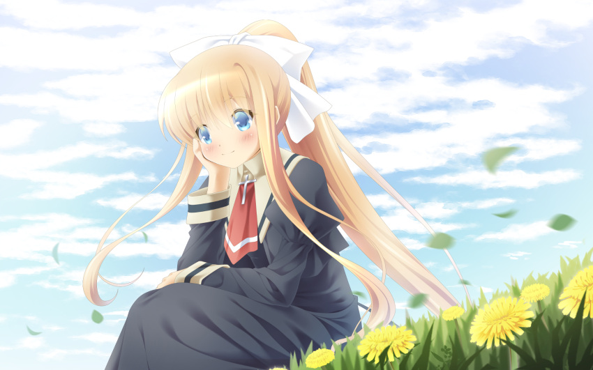 1girl air_(visual_novel) ascot bangs blonde_hair blue_eyes blue_sky closed_mouth cloud dandelion flower highres juliet_sleeves kamio_misuzu long_hair long_sleeves looking_at_viewer outdoors ponytail puffy_sleeves red_ascot sidelocks sitting sky smile solo usacchi_(deep_marine)