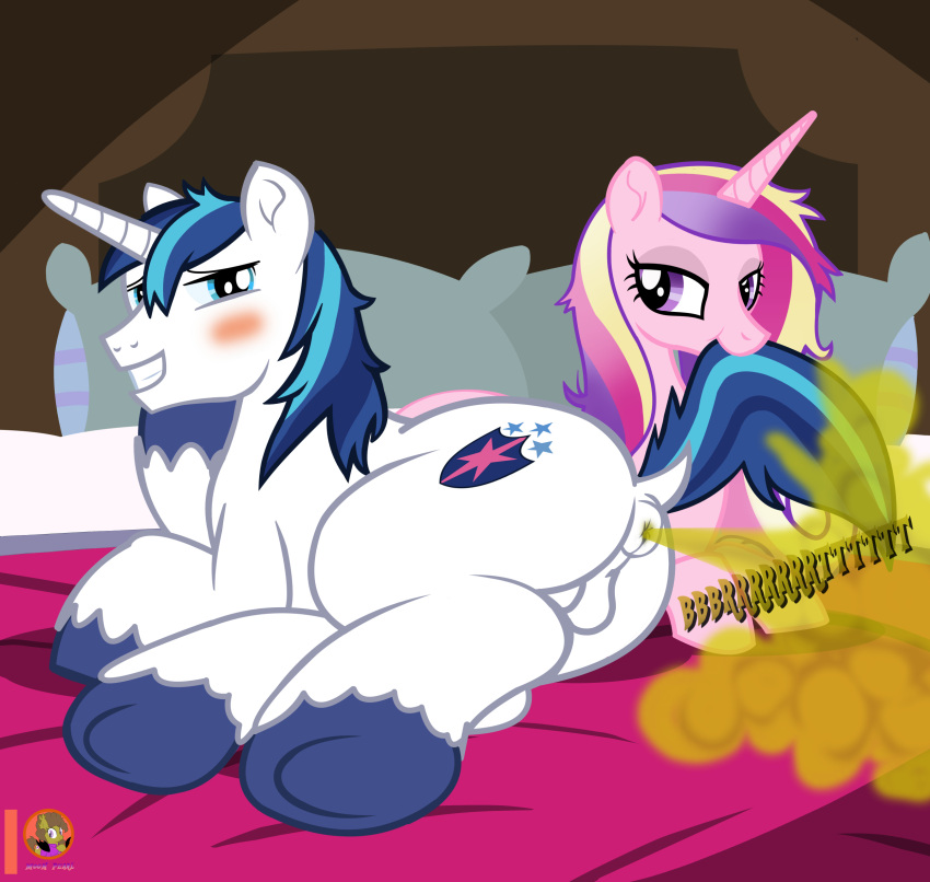 absurd_res after_sex alicorn_pony anus balls bedroom blush butt duo fart fart_cloud fart_fetish female feral friendship_is_magic genitals hasbro hi_res male male/female mane married_couple messy_mane moon_pearl morning musk my_little_pony princess_cadance_(mlp) shining_armor_(mlp) succubi_samus