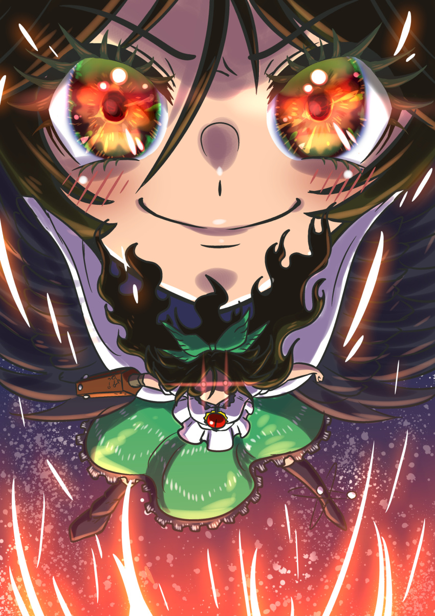 1girl arm_cannon atom bangs bird_wings black_hair black_wings blouse blush bow closed_mouth commentary_request control_rod eyelashes floating_hair frilled_skirt frills full_body glowing glowing_eyes green_bow green_skirt hair_between_eyes hair_bow highres kirimomist long_hair looking_at_viewer multiple_views orange_eyes reiuji_utsuho shirt short_sleeves skirt smile touhou weapon white_shirt wings