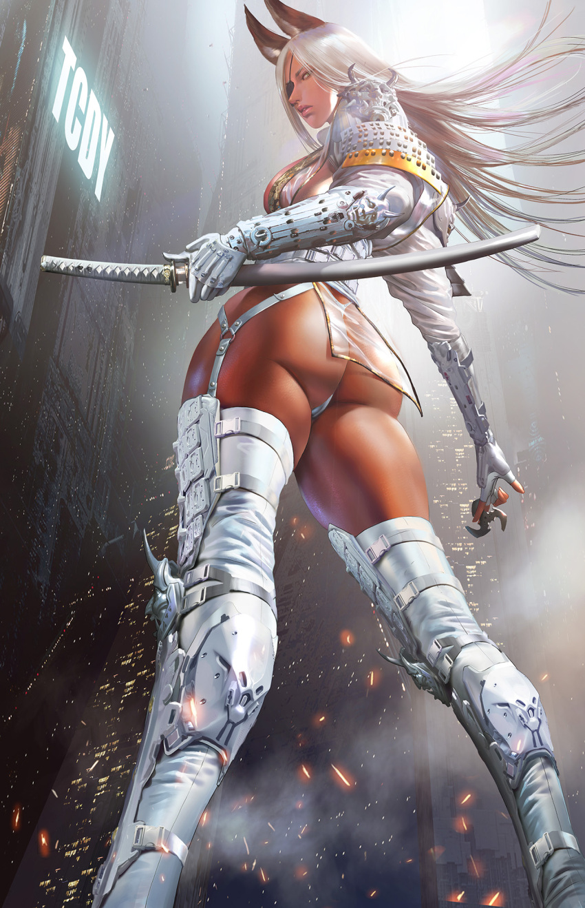 1girl armor ass azazel1944 bikini_armor boots bow bow_panties elbow_gloves gloves highres holding holding_sword holding_weapon japanese_armor katana long_hair looking_at_viewer no_pants panties pauldrons realistic shoulder_armor solo sword thigh_boots thighhighs underwear warrior weapon white_gloves white_panties white_thighhighs