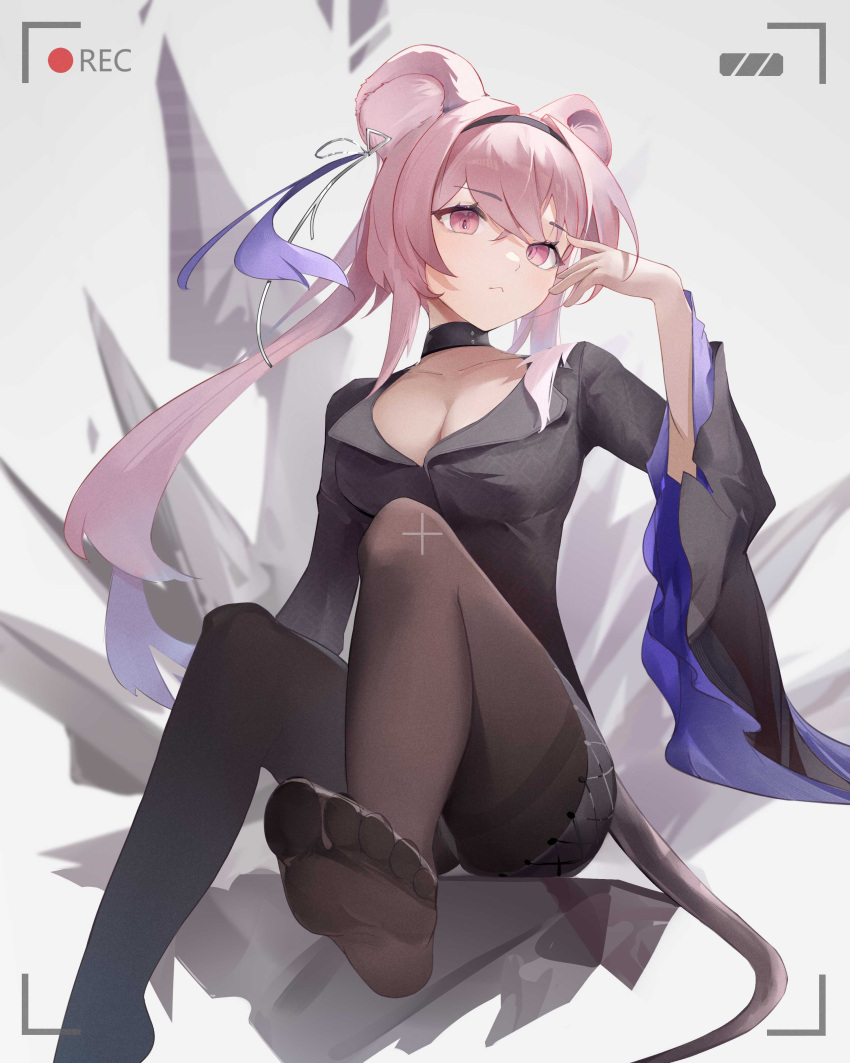 1girl :&lt; absurdres arknights arm_up bangs black_choker black_dress black_hairband breasts choker cleavage closed_mouth collarbone crystal dress feet hairband highres large_breasts lin_(arknights) long_hair long_sleeves looking_at_viewer no_shoes panties pantyhose pantyshot pink_eyes pink_hair recording short_dress sitting solo thighband_pantyhose underwear upskirt white_panties wide_sleeves ykuu_yousei