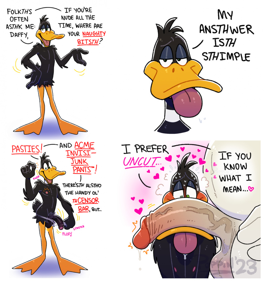 acme anatid anseriform anthro avian balls belly big_balls big_belly big_penis bird black_body black_feathers black_penis chicken clothing comic daffy_duck duck duo english_text feathers flaccid foghorn_leghorn foreskin galliform gallus_(genus) genitals hand_on_hip hi_res huge_penis humanoid_genitalia humanoid_penis lisp looney_tunes male male/male membrane_(anatomy) meme nipples overweight overweight_male pasties penis penis_on_face phasianid poppin presenting presenting_penis saggy_balls simple_background slim text these_aren't_my_glasses tongue tongue_out translucent translucent_clothing translucent_underwear underwear undressing vein veiny_penis warner_brothers webbed_feet white_body white_feathers