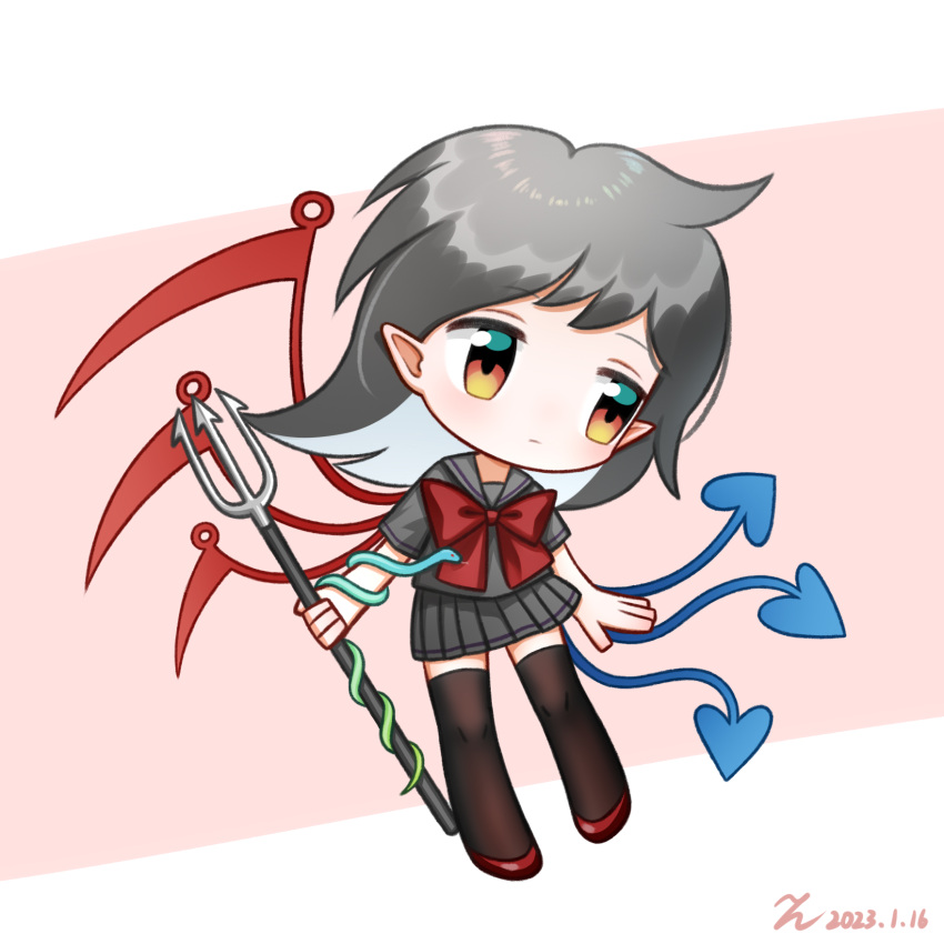 1girl alternate_costume alternate_eye_color asymmetrical_wings bangs black_thighhighs blue_wings blush bow bowtie brown_eyes chibi chinese_commentary closed_mouth commentary_request dated expressionless full_body grey_hair grey_serafuku grey_shirt grey_skirt highres holding holding_polearm holding_weapon houjuu_nue kiri_(maoxianjiu) looking_afar medium_hair pink_background pleated_skirt pointy_ears polearm red_bow red_bowtie red_footwear red_wings school_uniform serafuku shirt short_sleeves skirt snake solo thighhighs touhou trident two-tone_background weapon white_background wings