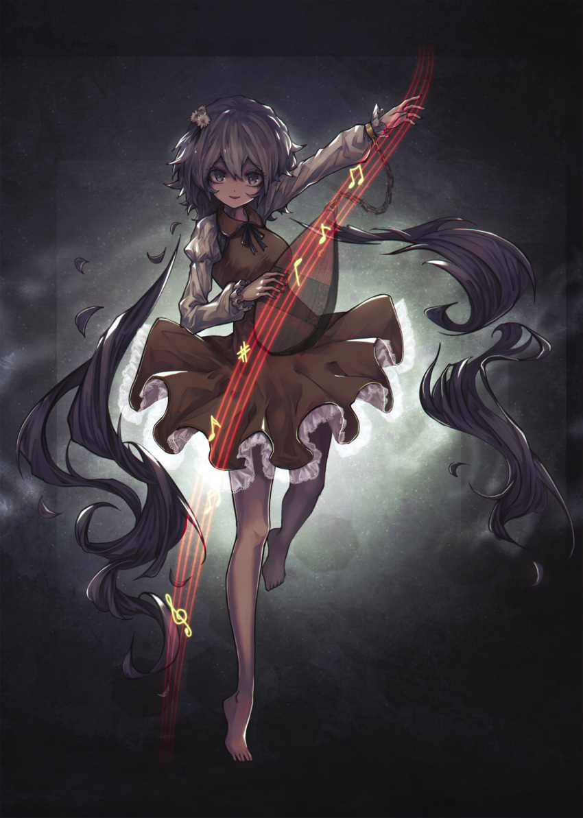 1girl bangs barefoot beamed_eighth_notes beamed_sixteenth_notes biwa_lute brown_dress chain dress eighth_note flower frilled_dress frilled_sleeves frills full_body hair_between_eyes hair_flower hair_ornament highres instrument joker_(stjoker) long_hair long_sleeves looking_at_viewer lute_(instrument) musical_note open_mouth purple_eyes purple_hair quarter_note quarter_rest sixteenth_note smile solo touhou treble_clef tsukumo_benben white_flower