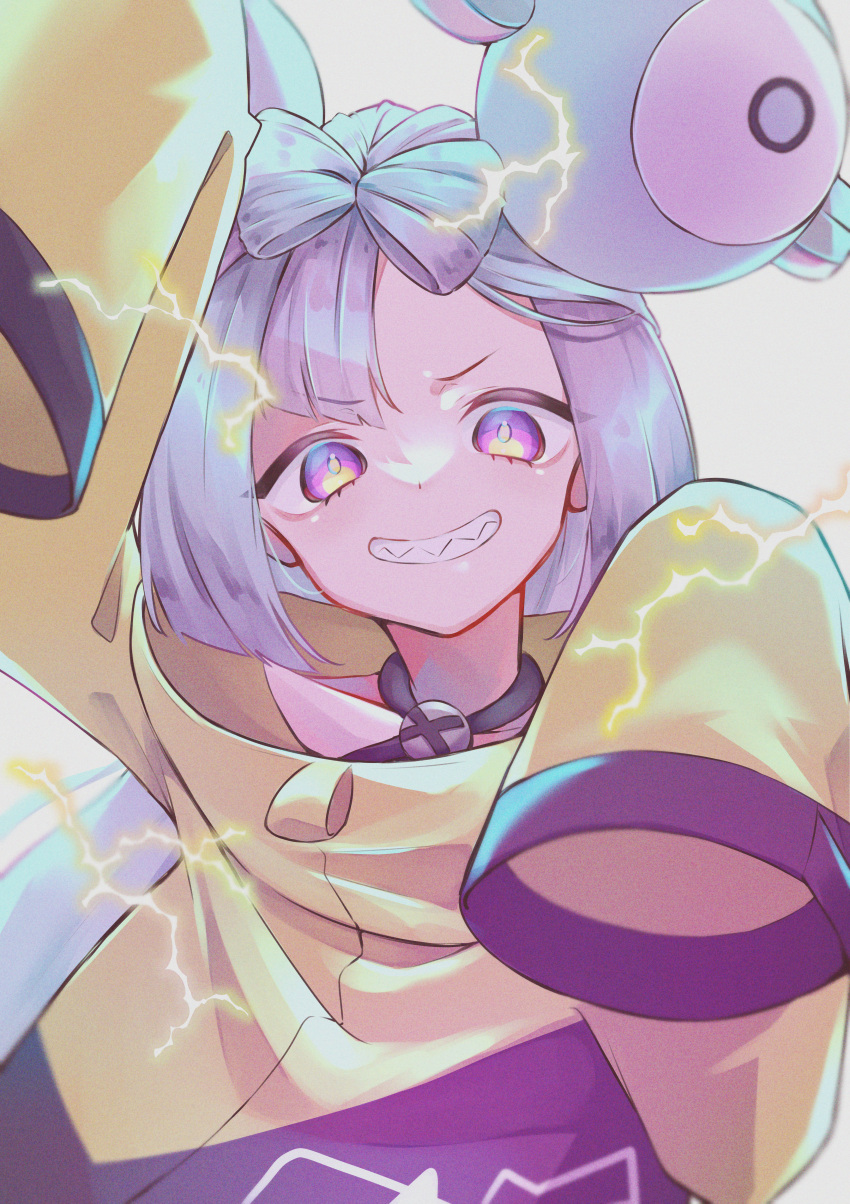 1girl absurdres blue_hair bow-shaped_hair character_hair_ornament gradient_eyes grin hair_ornament highres iono_(pokemon) jacket jijii_(chang_g) lightning looking_at_viewer magnemite multicolored_eyes oversized_clothes pokemon pokemon_(game) pokemon_sv purple_eyes sharp_teeth sleeves_past_fingers sleeves_past_wrists smile solo teeth twintails very_long_sleeves yellow_jacket