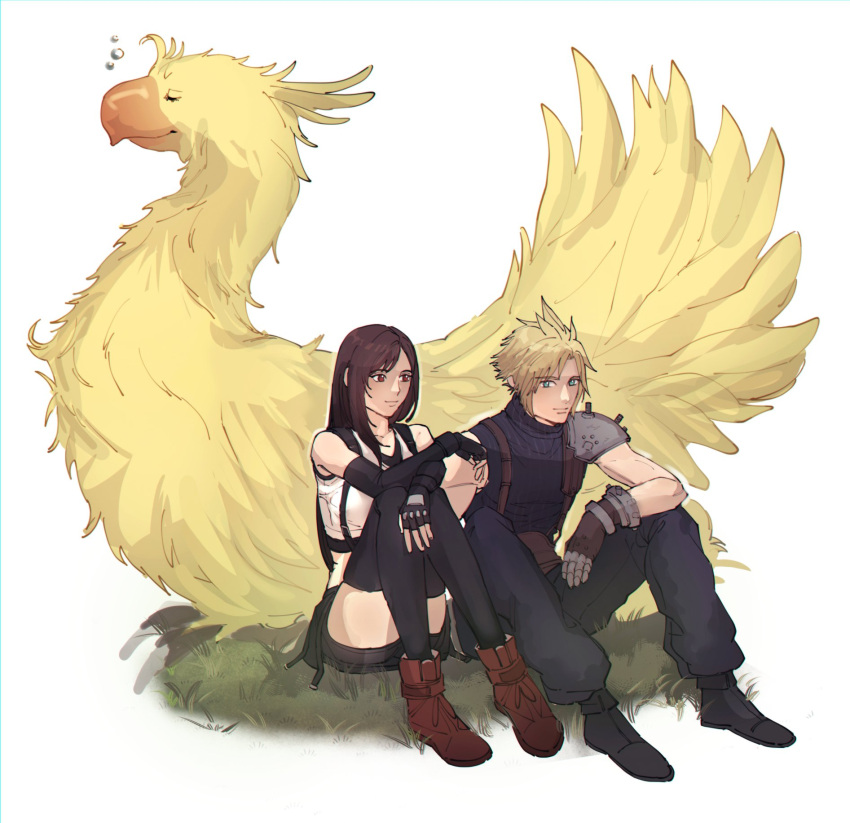 1boy 1girl armor bangs bare_shoulders bike_shorts_under_skirt bird black_footwear black_gloves black_hair black_skirt black_sports_bra black_thighhighs blonde_hair blue_eyes boots chocobo closed_mouth cloud_strife crop_top elbow_gloves english_commentary final_fantasy final_fantasy_vii final_fantasy_vii_remake fingerless_gloves full_body gloves grass highres long_hair perlmuttt red_eyes red_footwear ribbed_sweater shoulder_armor single_bare_shoulder single_sidelock sitting skirt sleeping sleeveless sleeveless_turtleneck spiked_hair sports_bra suspender_skirt suspenders sweater swept_bangs tank_top thighhighs tifa_lockhart turtleneck turtleneck_sweater undershirt white_background white_tank_top