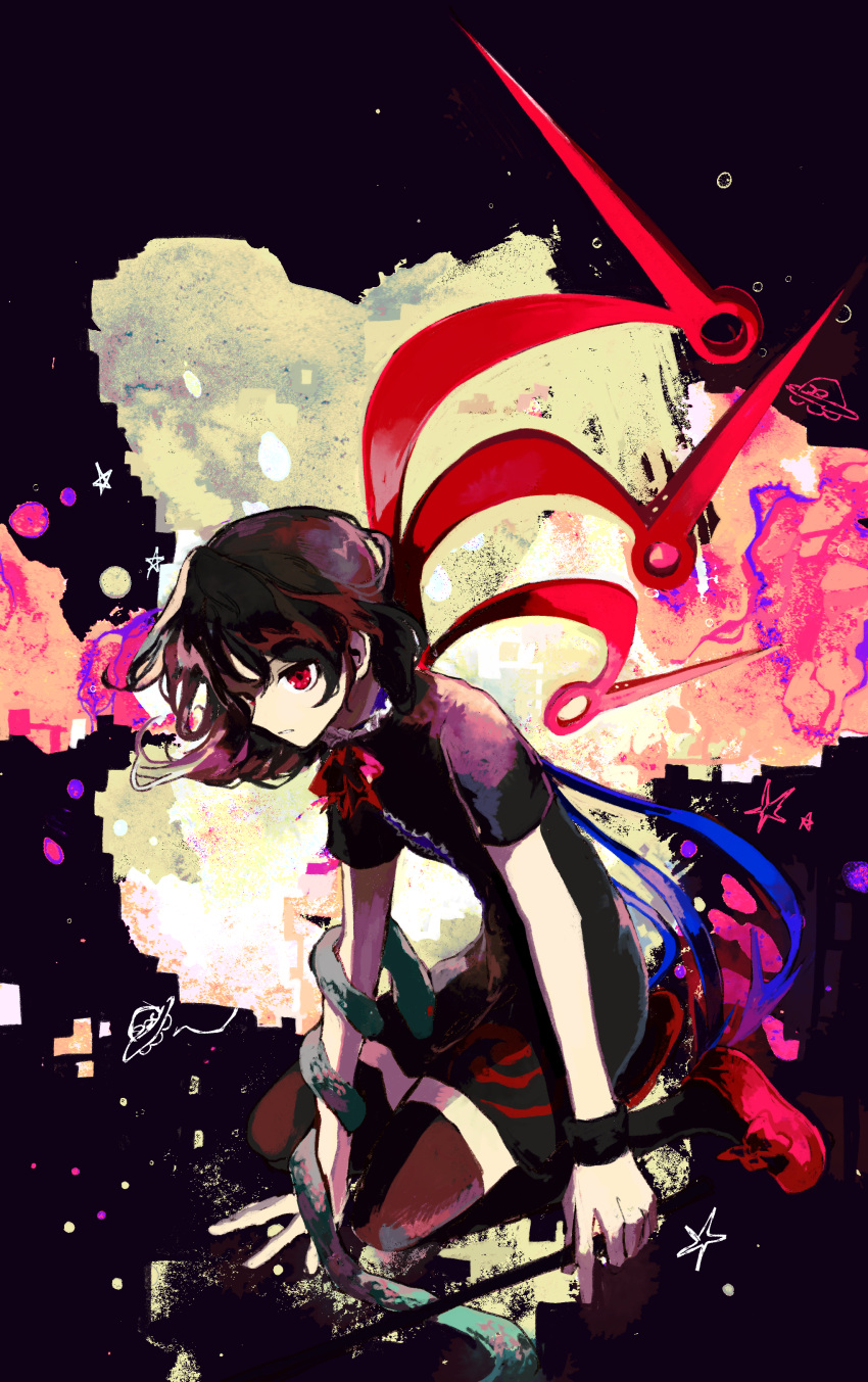 1girl abstract_background absurdres alternate_ears asymmetrical_wings bangs black_dress black_hair black_thighhighs blue_wings bow bowtie center_frills commentary_request dress expressionless flat_chest flying_saucer footwear_bow frills full_body hand_on_ground highres holding houjuu_nue looking_at_viewer parted_lips red_bow red_bowtie red_eyes red_footwear red_hair red_wings seiza shoes short_dress short_hair short_sleeves sitting snake solo spacecraft star_(symbol) thighhighs tomoe_(symbol) touhou ufo uninosono wings wristband zettai_ryouiki