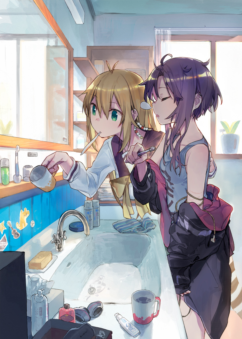 2girls antenna_hair bangs bathroom black_jacket black_sailor_collar blonde_hair bow bowtie breasts closed_eyes collarbone commentary_request cup drooling earbuds earphones feet_out_of_frame green_eyes hair_between_eyes highres hitogome holding holding_cup holding_toothbrush jacket jacket_partially_removed large_breasts long_hair long_sleeves messy_hair mirror multicolored_clothes multicolored_jacket multiple_girls nose_bubble open_mouth pink_jacket plant potted_plant print_tank_top profile purple_hair sailor_collar school_uniform serafuku short_hair_with_long_locks sink sleeping sleeping_upright small_breasts soap standing tank_top toothbrush toothbrush_in_mouth tsurumaki_maki two-tone_jacket vocaloid voiceroid white_serafuku white_tank_top window yellow_bow yellow_bowtie yuzuki_yukari