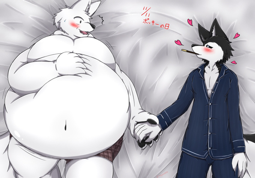 &lt;3 anthro bed bed_sheet bedding bedroom_eyes belly big_belly black_body black_fur black_pawpads black_sclera blush canid canine canis clothed clothing duo fur furniture half-closed_eyes hand_holding hand_on_stomach hi_res japanese_text kaiyoshi looking_at_another male male/male mammal moobs motion_lines narrowed_eyes navel obese obese_anthro obese_male on_bed open_mouth overweight overweight_anthro overweight_male pajamas pattern_clothing pattern_underwear pawpads pink_tongue plaid plaid_clothing plaid_underwear pocky_day pocky_game pocky_in_mouth seductive shirota_(trejan) size_difference teeth text tongue translated trejan underwear underwear_only white_body white_fur wide_eyed wolf