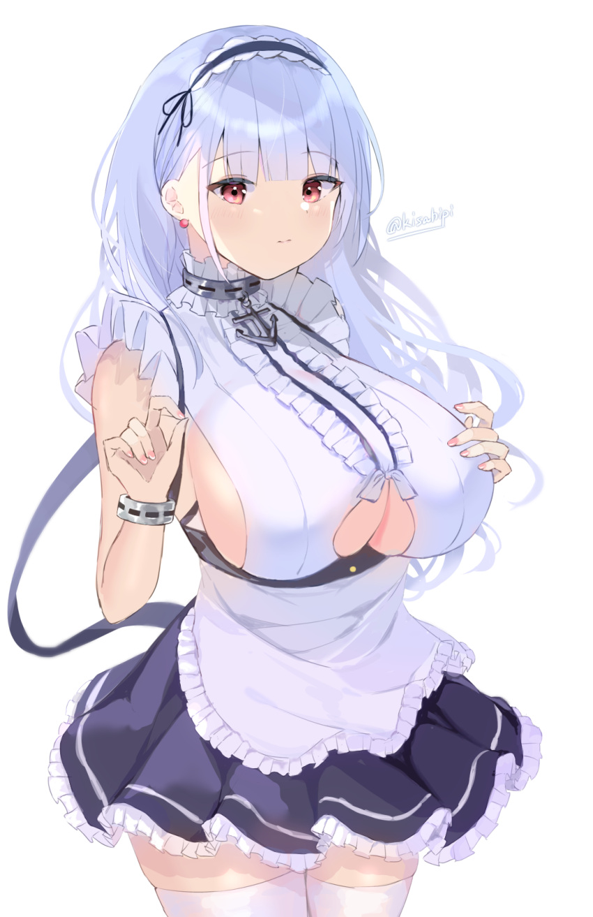 1girl anchor_choker apron artist_name azur_lane breasts center_frills clothing_cutout cowboy_shot dido_(azur_lane) earrings frilled_apron frills hand_on_own_chest heart heart_earrings highres huge_breasts jewelry kisahipi lace-trimmed_hairband lace_trim looking_at_viewer purple_skirt red_eyes skirt sleeveless solo underboob underboob_cutout waist_apron white_apron