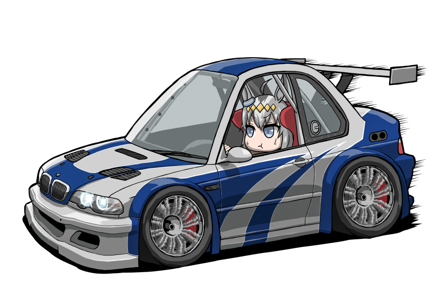 1girl absurdres animal_ears bmw bmw_m3 car chibi crossover driving grey_hair ground_vehicle highres horse_ears kaito_schumacher motor_vehicle need_for_speed need_for_speed:_most_wanted_(2005) oguri_cap_(umamusume) pout shadow solo spoiler_(automobile) sports_car sweat umamusume white_background