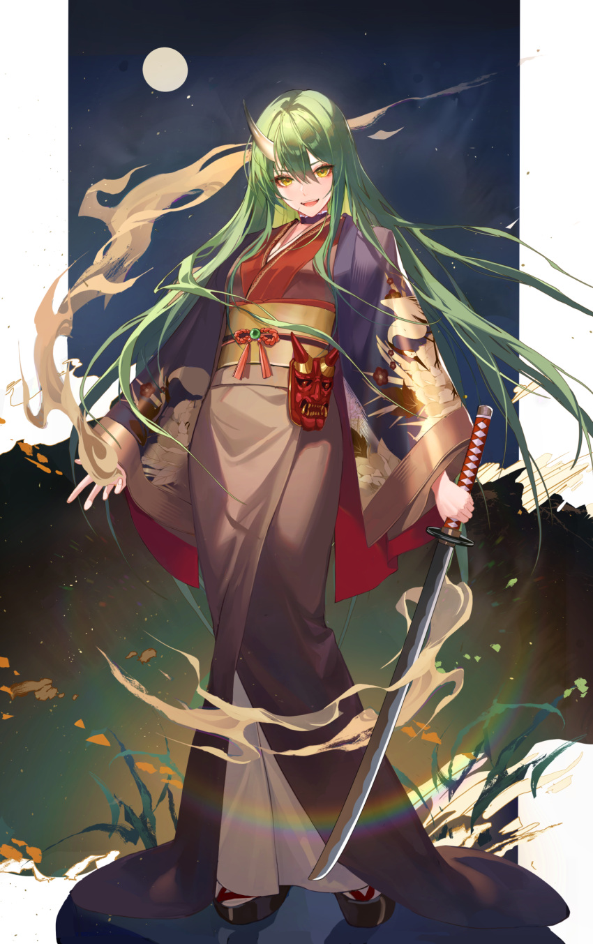 1girl :d alternate_costume arknights bangs black_kimono fire full_body full_moon geta green_hair highres holding holding_sword holding_weapon horns hoshiguma_(arknights) japanese_clothes katana kernel_killer kimono long_hair long_sleeves looking_at_viewer mask moon night night_sky oni_mask open_mouth outdoors platform_footwear single_horn skin-covered_horns sky smile solo standing sword tabi very_long_hair weapon wide_sleeves yellow_eyes