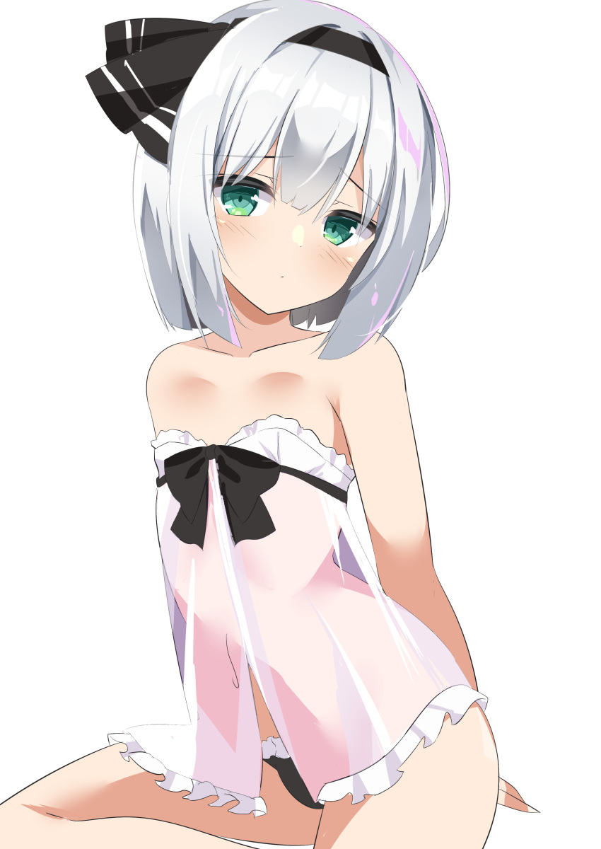 1girl 9150namihana absurdres alternate_costume babydoll bangs black_bow black_hairband black_panties black_ribbon blush bob_cut bow closed_mouth commentary_request feet_out_of_frame flat_chest frilled_panties frills green_eyes grey_hair hair_ribbon hairband highres konpaku_youmu looking_at_viewer navel panties ribbon short_hair simple_background solo touhou underwear white_babydoll white_background