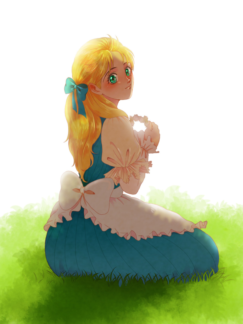 1girl blonde_hair blue_dress blue_eyes closed_mouth commentary_request dress erina_pendleton frilled_dress frills grass hair_ribbon highres holding jojo_no_kimyou_na_bouken long_hair long_sleeves looking_at_viewer mugicha_(zoro1132) outdoors phantom_blood ribbon sitting smile solo