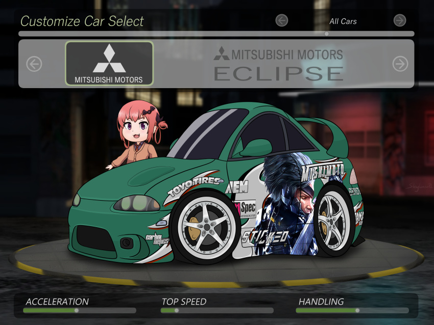 1girl :3 bangs bat_hair_ornament black_shirt brown_cardigan car cardigan collared_shirt commentary english_commentary fake_screenshot fang gabriel_dropout ground_vehicle hair_ornament highres itasha metal_gear_(series) metal_gear_rising:_revengeance mitsubishi_eclipse mitsubishi_motors motor_vehicle necktie need_for_speed need_for_speed:_underground_2 open_mouth raiden_(metal_gear) red_hair red_necktie satanichia_kurumizawa_mcdowell shirt skylinerpl smile solo_focus spoiler_(automobile) vehicle_focus vehicle_name