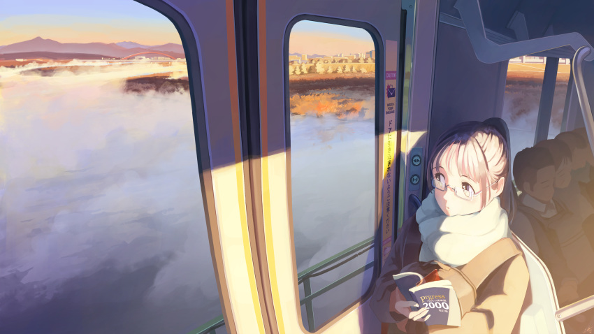 2girls 3boys absurdres bag book brown_eyes brown_hair english_text glasses highres holding holding_book multiple_boys multiple_girls open_book original parted_lips ponytail scarf scenery seat semi-rimless_eyewear short_hair solo_focus train_interior utachy white_scarf