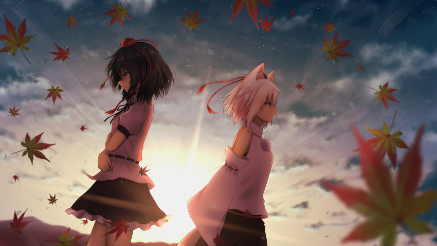 2girls absurdres animal_ears autumn_leaves back-to-back backlighting bangs bare_shoulders black_hair black_skirt breasts closed_mouth cloud commentary detached_sleeves falling_leaves frilled_skirt frills from_side hat highres inubashiri_momiji leaf light_particles long_sleeves looking_to_the_side medium_hair miniskirt multiple_girls nose outdoors puffy_sleeves red_eyes red_headwear ribbon-trimmed_sleeves ribbon_trim shameimaru_aya shirt skirt small_breasts smile szl tengu tokin_hat touhou twilight white_hair white_shirt wide_sleeves wolf_ears wolf_girl