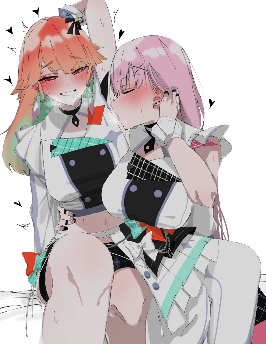 2girls absurdres arm_around_waist arm_up armpits arms_up bangs blunt_bangs blush breasts breath carrot_011 couple earrings feather_earrings feathers heart heart-shaped_pupils heavy_breathing highres hololive hololive_english jewelry licking licking_armpit long_hair mori_calliope multiple_girls official_alternate_costume pink_hair saliva steaming_body straight_hair sweat symbol-shaped_pupils takanashi_kiara tongue tongue_out virtual_youtuber yuri