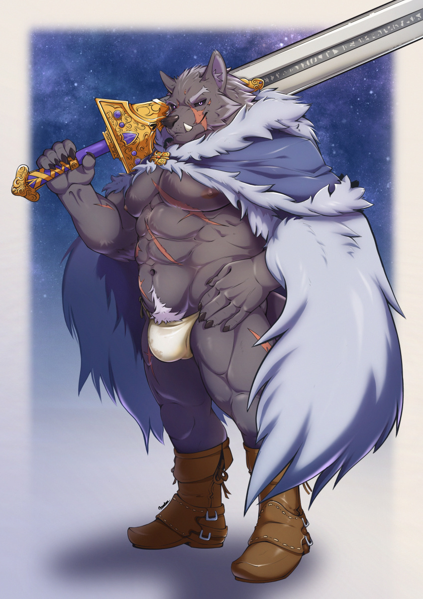 5_fingers absurd_res anthro areola black_sclera blaidd_(elden_ring) bulge canid canine canis claws elden_ring fingers fromsoftware hi_res holding_object holding_sword holding_weapon inner_ear_fluff male mammal melee_weapon muscular muscular_anthro muscular_male nipples purple_eyes sarchi_kung scar solo sword tuft weapon wolf