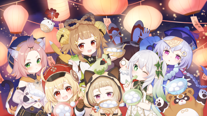 6+girls :d ;) absurdres animal_ear_fluff animal_ears animal_hood bangs bangs_pinned_back baron_bunny_(genshin_impact) bell black_gloves black_nails blonde_hair blue_dress blush bowl braid brown_gloves cabbie_hat cat_ears cat_girl cat_tail closed_mouth commentary_request covered_mouth cropped_jacket cross-shaped_pupils dango diona_(genshin_impact) dress fake_animal_ears fingerless_gloves flower food forehead fufumi genshin_impact gloves goggles goggles_on_head gradient_hair green_eyes green_hair grey_hair hair_bell hair_between_eyes hair_flower hair_ornament hair_rings hat highres holding holding_bowl holding_spoon hood hood_up jacket jingle_bell klee_(genshin_impact) lantern leaf leaf_on_head light_brown_hair long_hair long_sleeves looking_at_viewer multicolored_hair multiple_girls nahida_(genshin_impact) nail_polish o_o ofuda one_eye_closed paper_lantern pink_hair pointy_ears puffy_long_sleeves puffy_sleeves purple_eyes purple_hair purple_headwear purple_jacket qing_guanmao qiqi_(genshin_impact) rabbit_ears red_dress red_eyes red_flower red_headwear sayu_(genshin_impact) short_eyebrows side_ponytail single_braid sleeves_past_wrists smile spoon symbol-shaped_pupils tail thick_eyebrows twin_braids v-shaped_eyebrows very_long_hair wagashi yaoyao_(genshin_impact) yellow_flower yuegui_(genshin_impact)