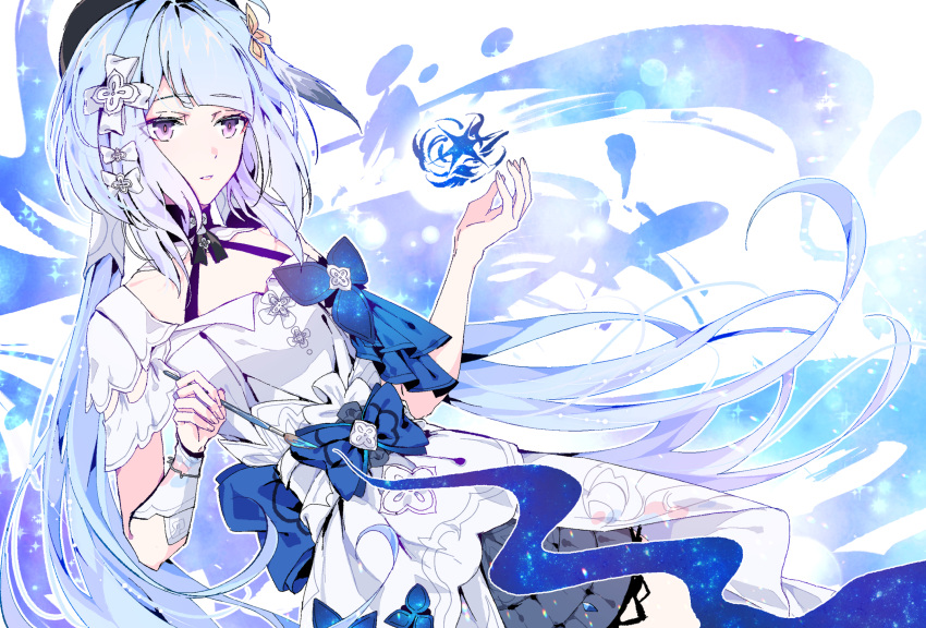 1girl aer007580 bangs blue_bow blue_hair blue_headwear bow dress dutch_angle griseo highres holding holding_brush honkai_(series) honkai_impact_3rd light_blue_hair long_hair looking_to_the_side parted_lips purple_eyes solo twintails very_long_hair white_dress