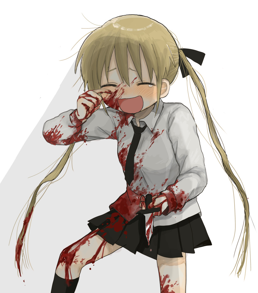 1girl absurdres bangs black_necktie black_ribbon black_skirt black_socks blonde_hair blood blood_in_hair blood_on_clothes blood_on_face blood_on_hands blood_on_leg blood_on_weapon blood_splatter blush closed_eyes collared_shirt feet_out_of_frame furrowed_brow hair_ribbon hand_up highres holding holding_knife kill_me_baby kneehighs knife laughing long_sleeves messy_hair necktie open_mouth pleated_skirt raised_eyebrows ribbon shirt short_necktie skirt smile socks solo sonya_(kill_me_baby) standing tearing_up tears twintails weapon white_shirt wiping_tears yasashii_naizou